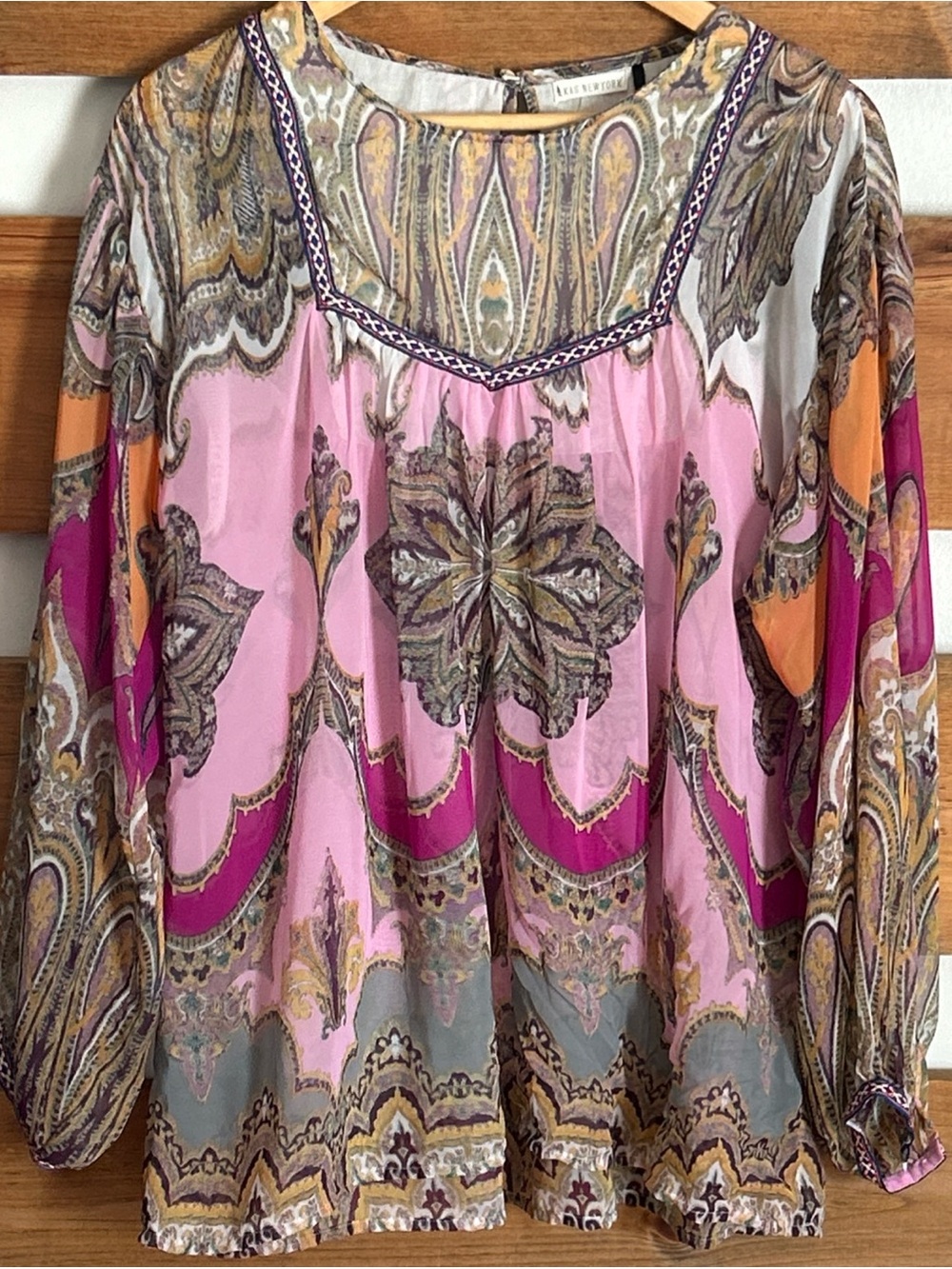 Kas New York Sheer Floral Long Sleeve Blouse Eyelet Embroidered Cuff Ring Size M